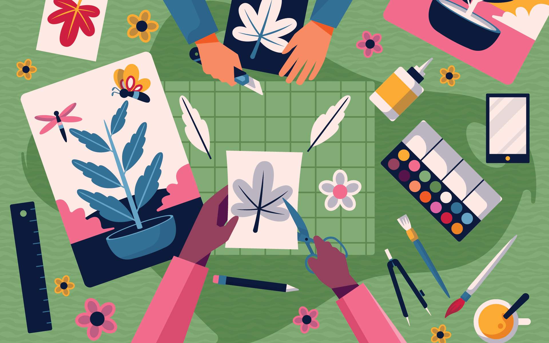 A colorful digital illustration of a creative workspace featuring hands cutting out leaf designs, painting, and assembling artwork. Various art supplies like scissors, paint, brushes, glue, and paper are scattered across a green surface, surrounded by flowers and decorative elements.