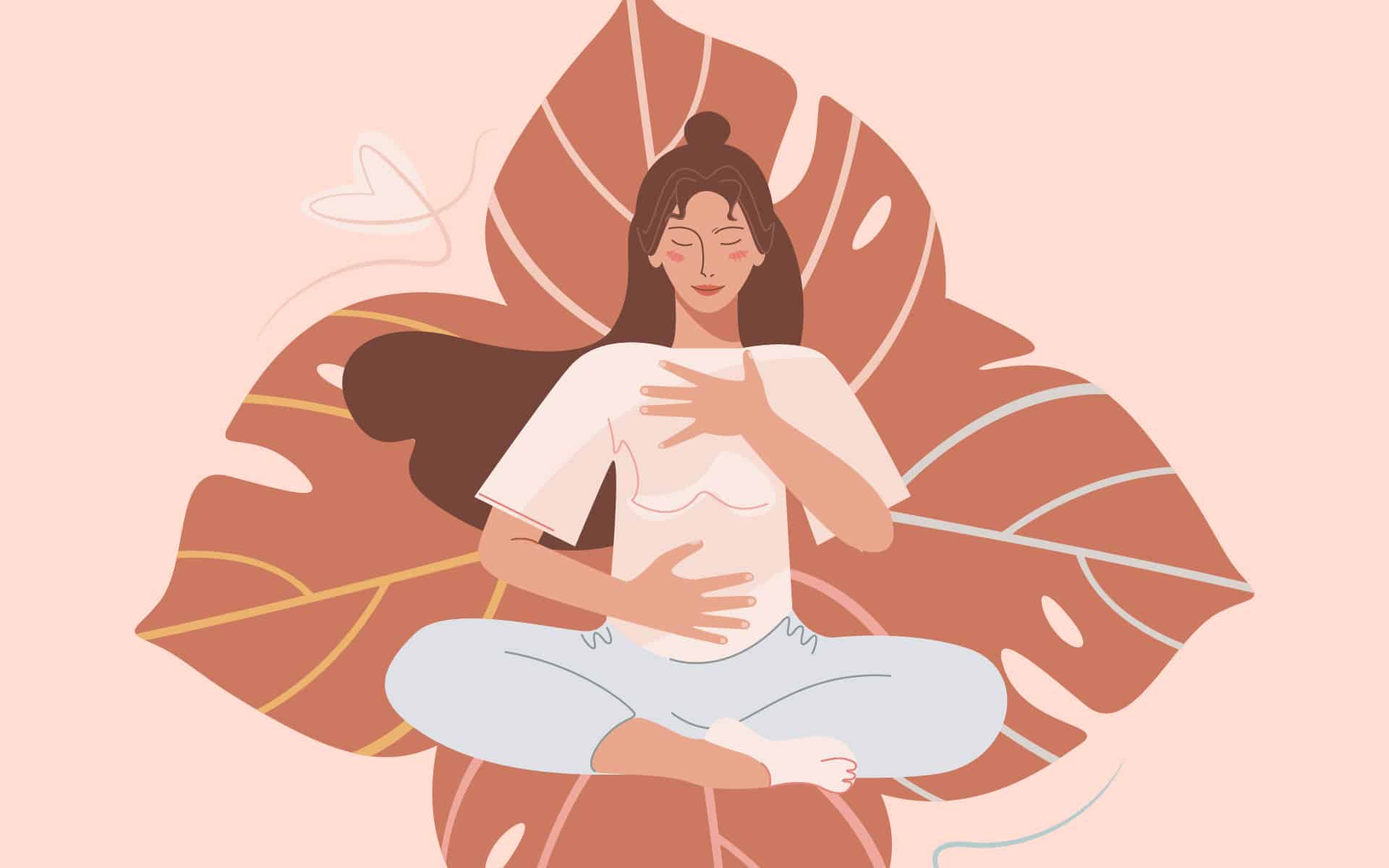 Abdominal Breathing. Young woman practice deep breathing. Breath Awareness Exercise.