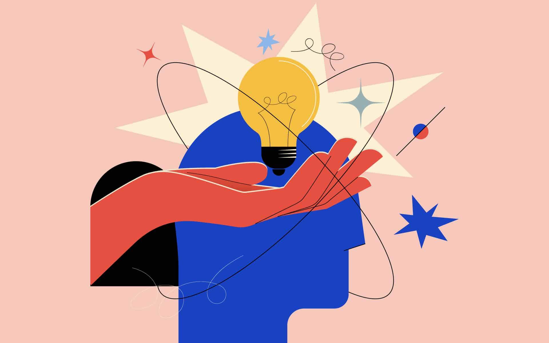 Creative mind or brainstorm or creative idea concept with abstract human head silhouette and hand holding bulb lamp surrounded abstract geometric shapes in bright colors.