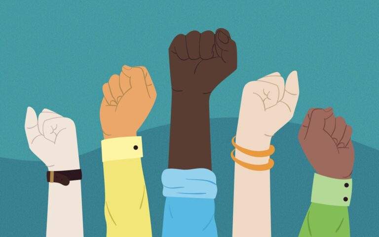 Uncovering Your Racial Bias: Mindfulness Practices for Growth and Healing—illustration of five hands of various skin colors reaching upward in fists.