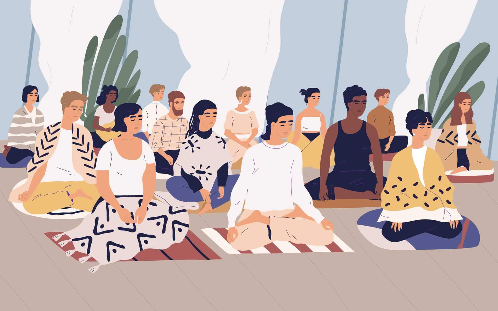 Set of tranquil women with closed eyes and croosed legs meditating in yoga lotus posture. Meditation practice. Concept of zen and harmony.