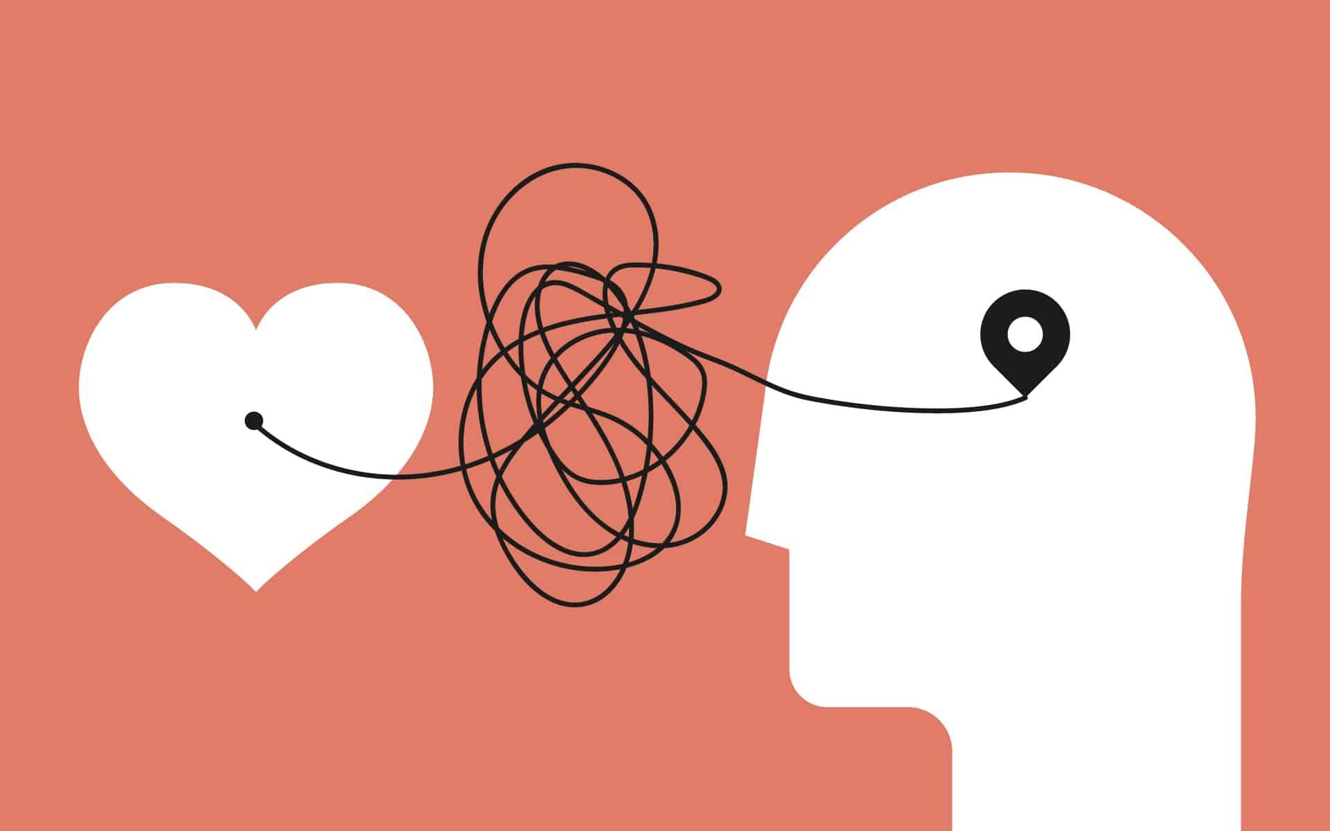 From heart to head. Distorted path from soul to brain. Psychology concept about yourself listening for your psychology therapy blog article image or post.