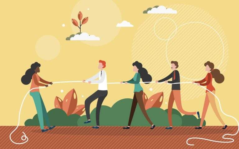 Black woman pulls a rope against team of white people. Stop racism in business concept vector illustration. Black lives matter. Fight for the rights, race and gender equality. Tug of war