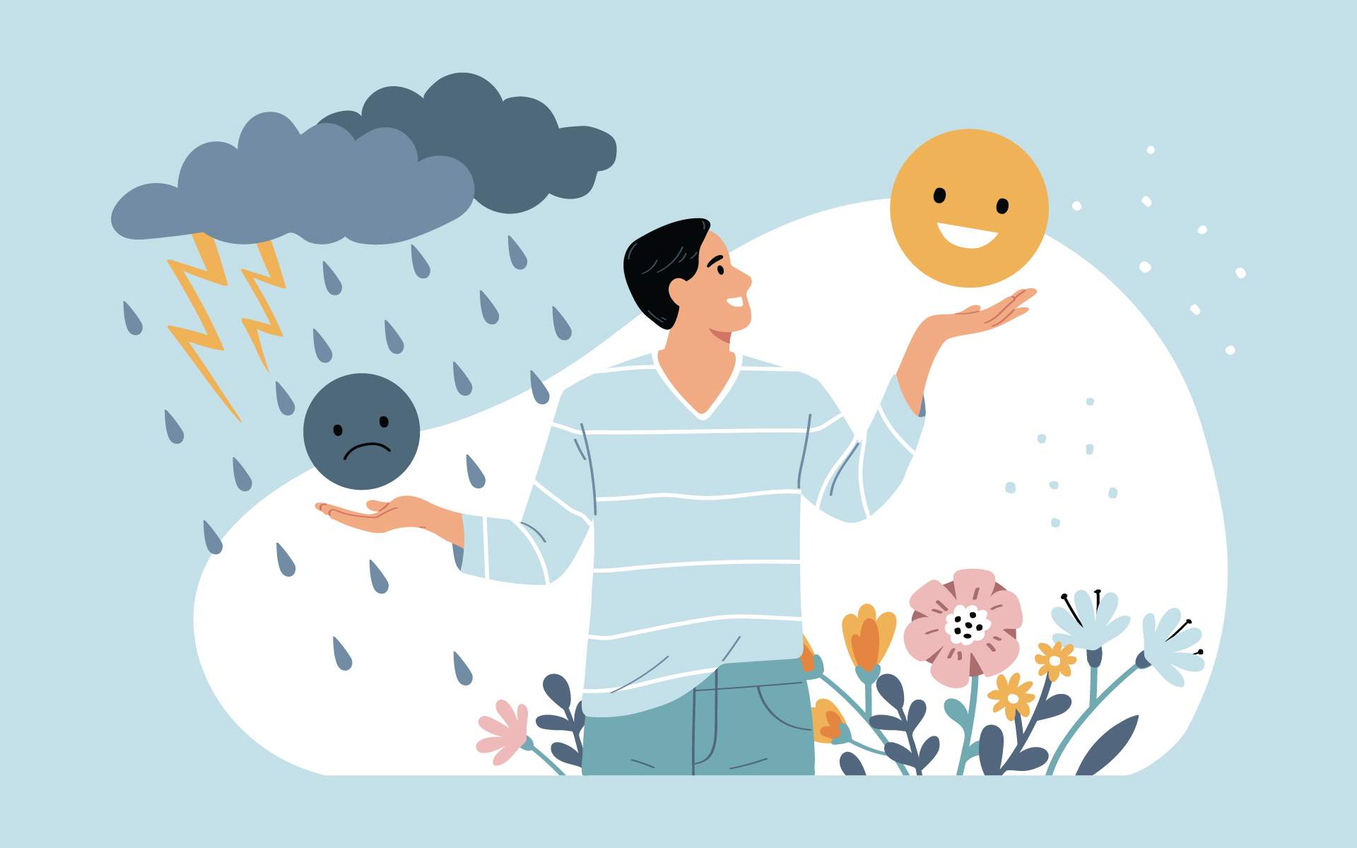 Why Emotional Self-Control Matters / Illustration of a man holding a sad face in one hand and a smiley face in the other.