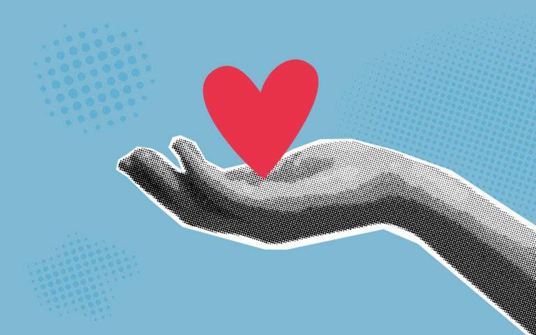 Illustration of a hand open to the sky, holding a red heart that stands out against a solid blue background