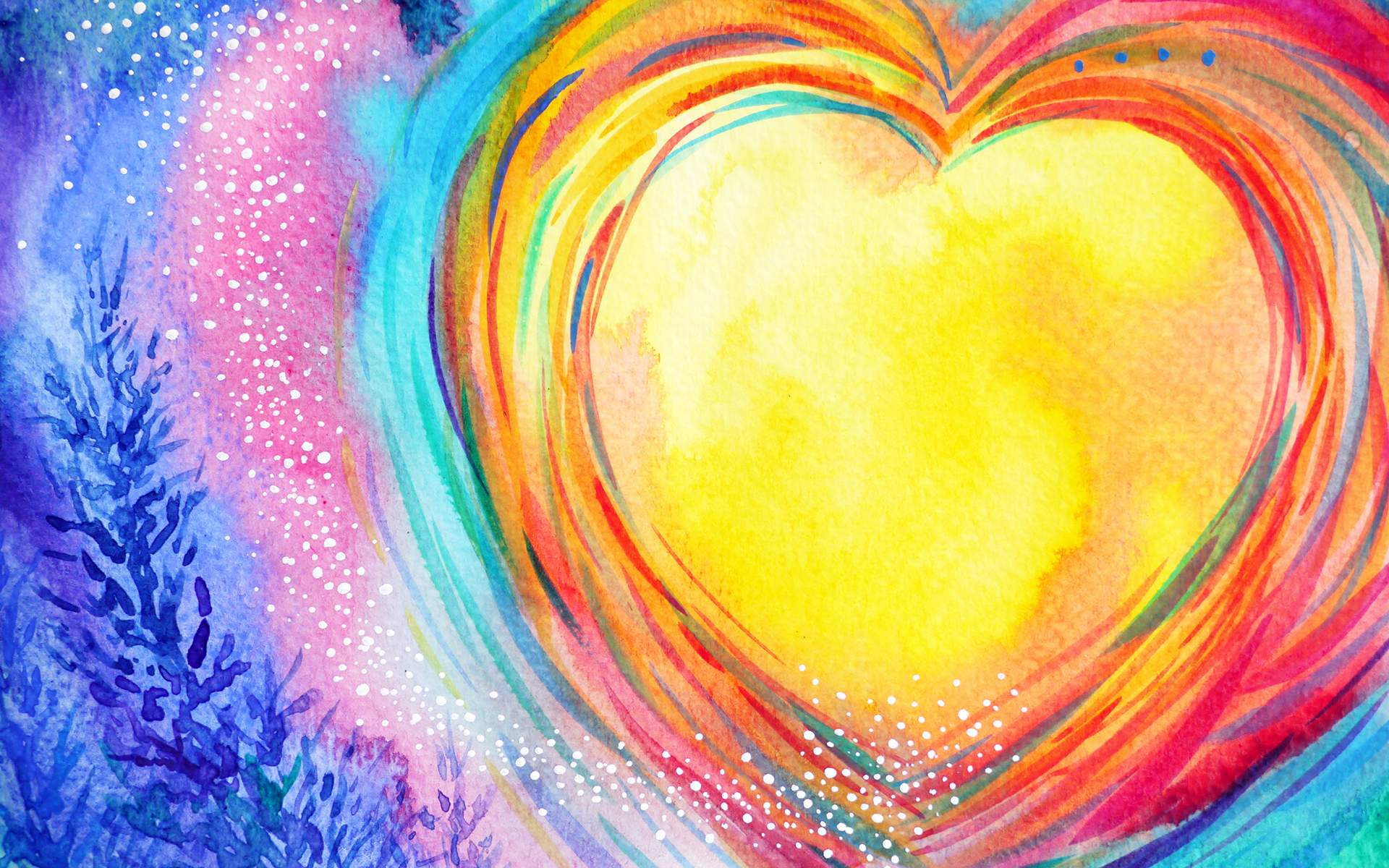 Colorful watercolor painting of a large heart with a small tree in the bottom left. surviving or thriving