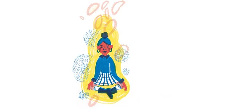 woman in seated meditation pose with microbes floating around her head and body