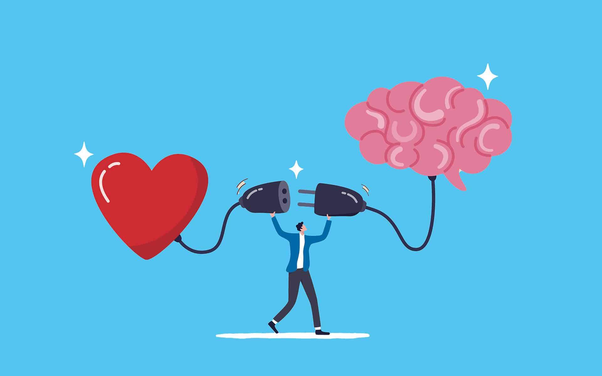 Illustration of a man connecting a heart shape with a brain shape to show concept of emotional intellegence.