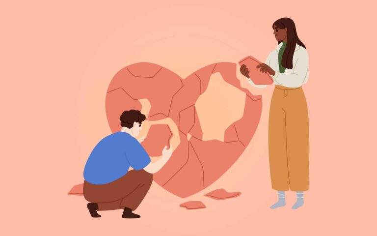 How Mindfulness Can Help Us Heal White Fragility—Illustration of a white person and a person of color picking up the pieces of a large broken heart and putting it back together