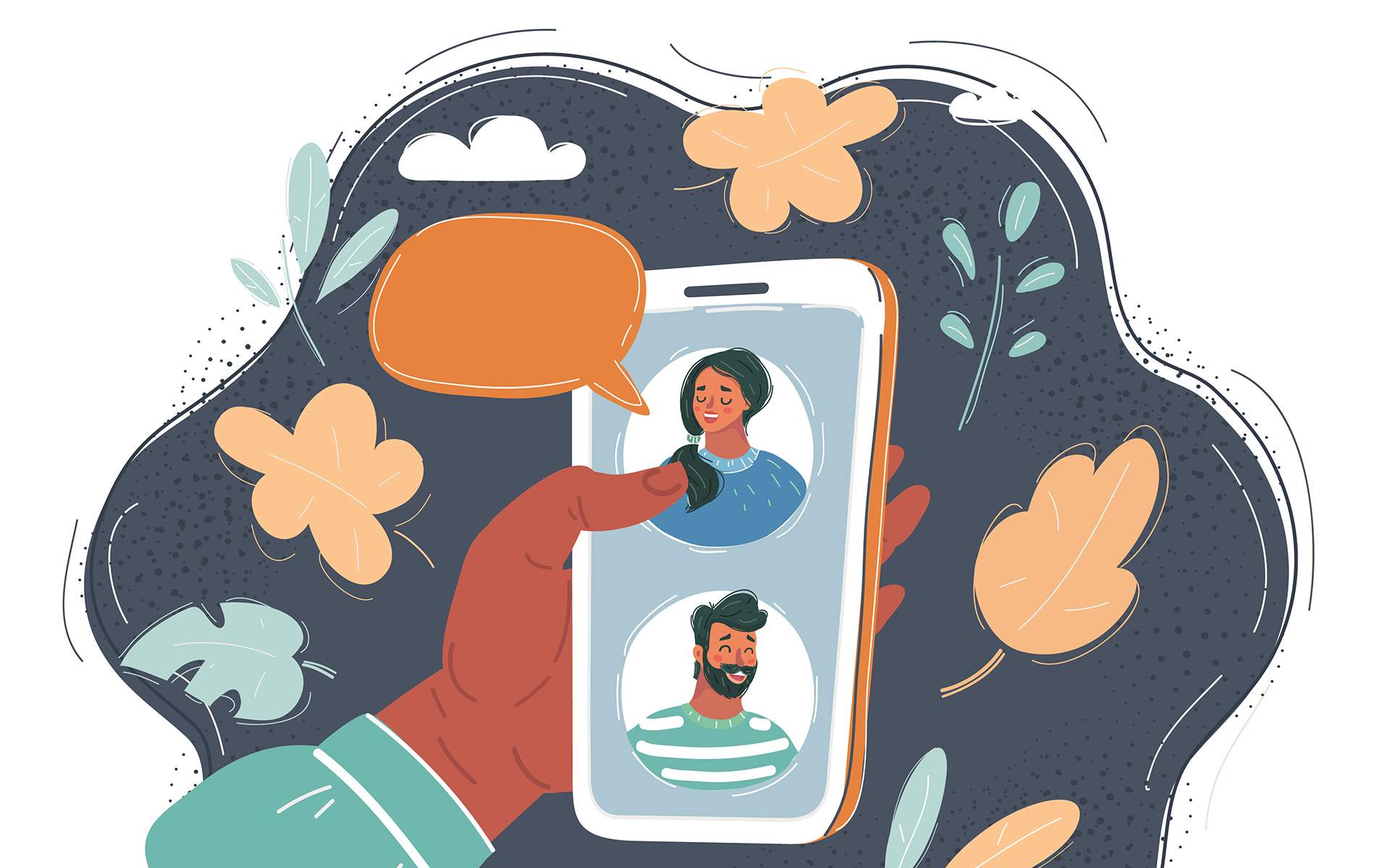 A hand scrolling on a phone with people on the screen