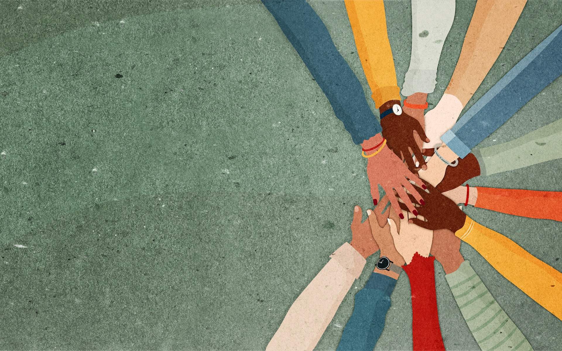 Mindful Healing with Tovi-Scruggs Hussein—illustration of diverse hands stacking on top of one another