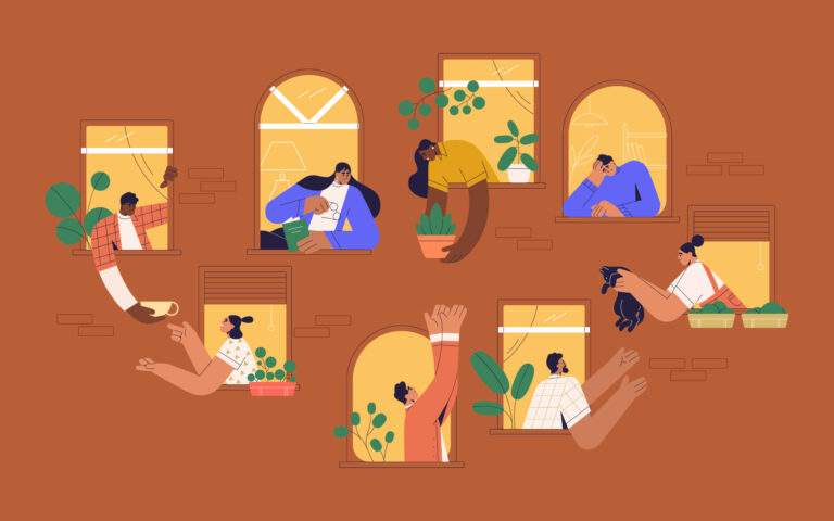 Illustration of the side of an apartment building with many windows, all with people leaning out the windows to talk to their neighbors, share a cup of tea, pass them a cat or a plant -- it's a compassionate community.