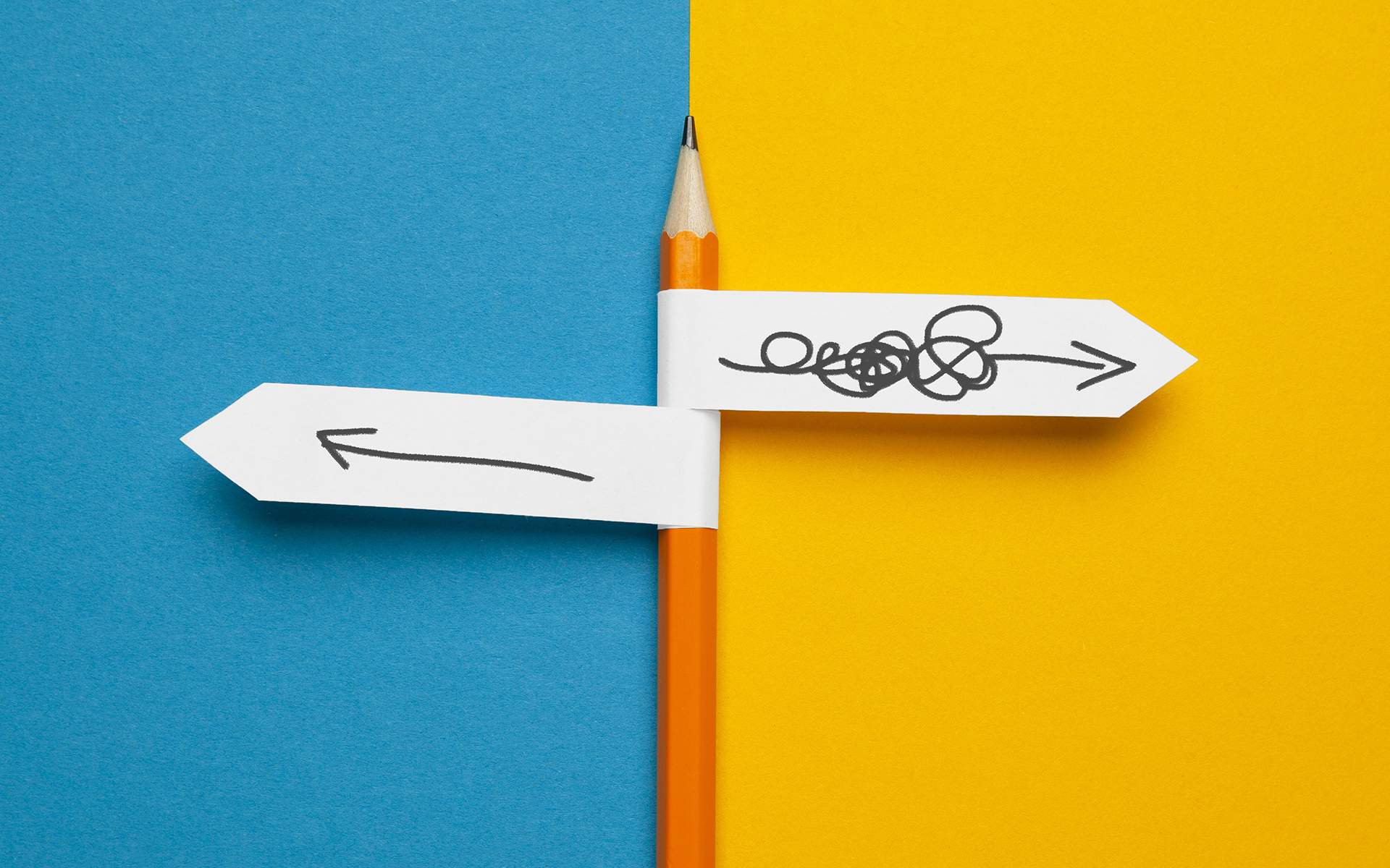 Why Do Resolutions Fail? 5 Ways to Invite Positive and Lasting Change - Pencil - direction indicator - order and chaos. Reorganization and analysis, choosing right solution to problem