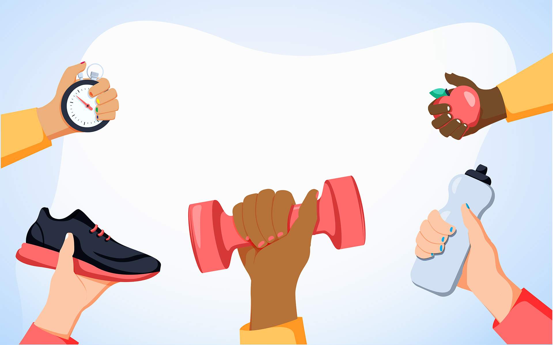 illustration of five arms holding workout gear reaching in a circle toward each other. They're holding an apple, a water bottle, a weight, a running shoe, and a stopwatch. The background is blue and white.