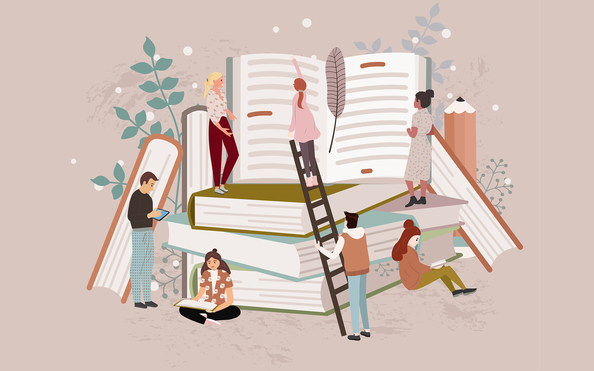 Illustration of a large stack of books with small people sitting and standing around and on the books reading.