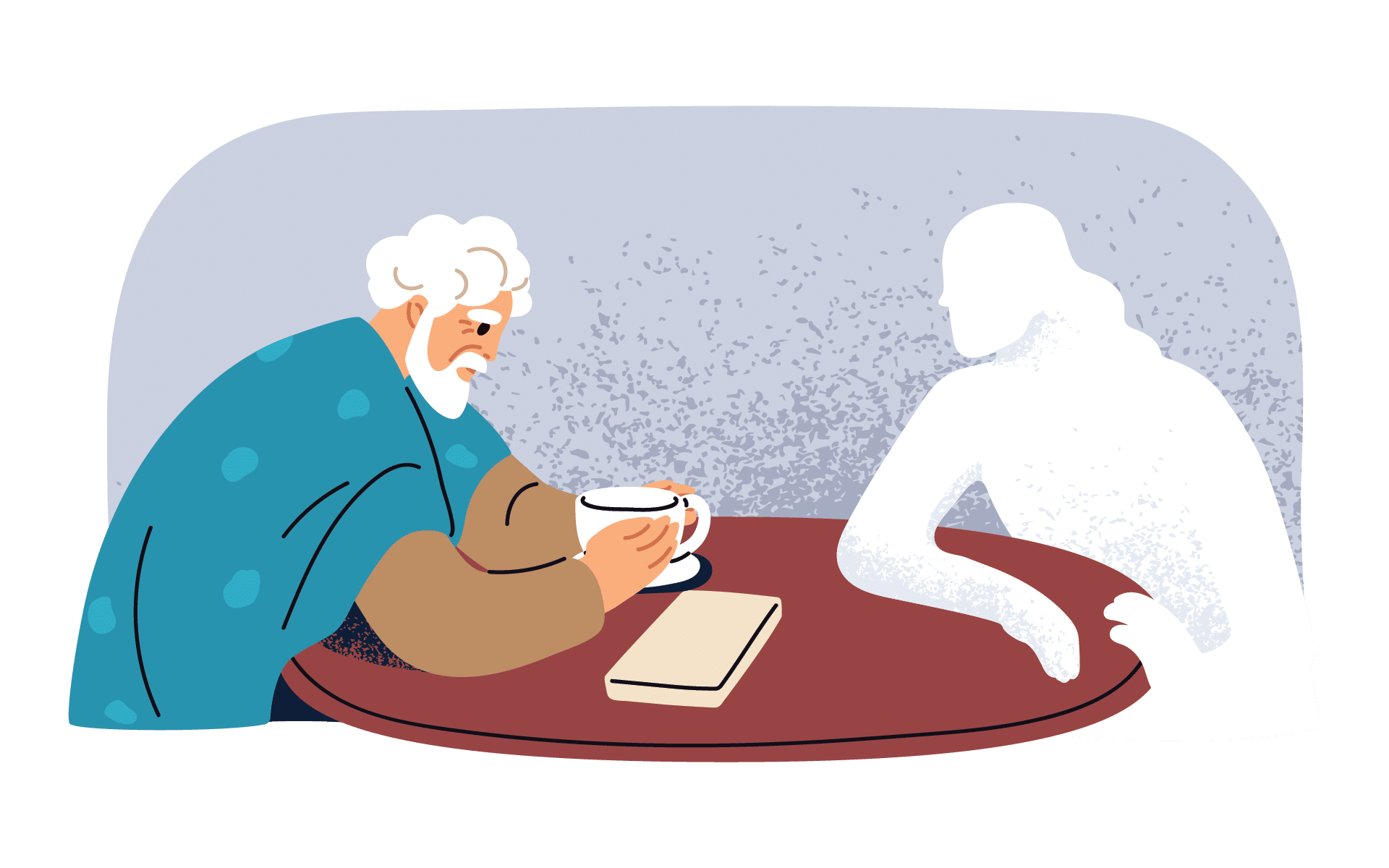 Mindfulness for Grief and Loss - Illustration of an elderly man sitting across the table from the ghost of a loved one