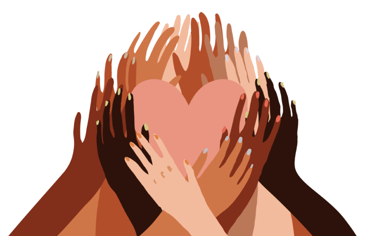 Illustration of a group of people's hands with different skin color together holding a heart. Diverse crowd, race equality